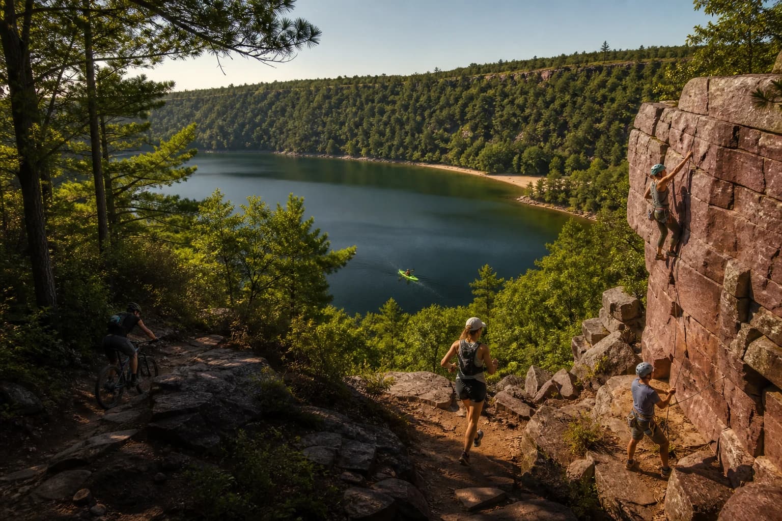 Outdoor athletes moving through Devil's Lake, Wisconsin